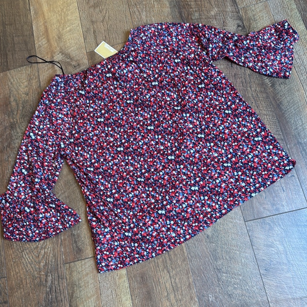 Michael kors red white blue floral bell sleeve top size large new - Picture 4 of 10